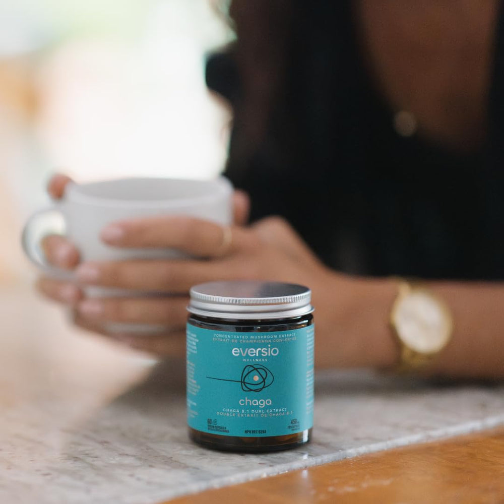 Label highlights 8:1 dual extract potency for Eversio Wellness Protect Now chaga.
