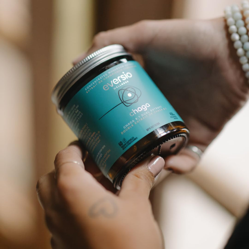 Close-up of Eversio Wellness Protect Now chaga capsules highlighting vegan formula.