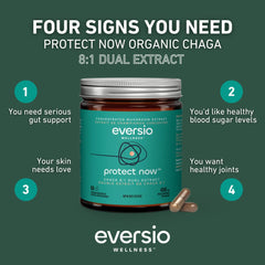 Organic chaga on wood from Eversio Wellness Protect Now evokes wild harvest.
