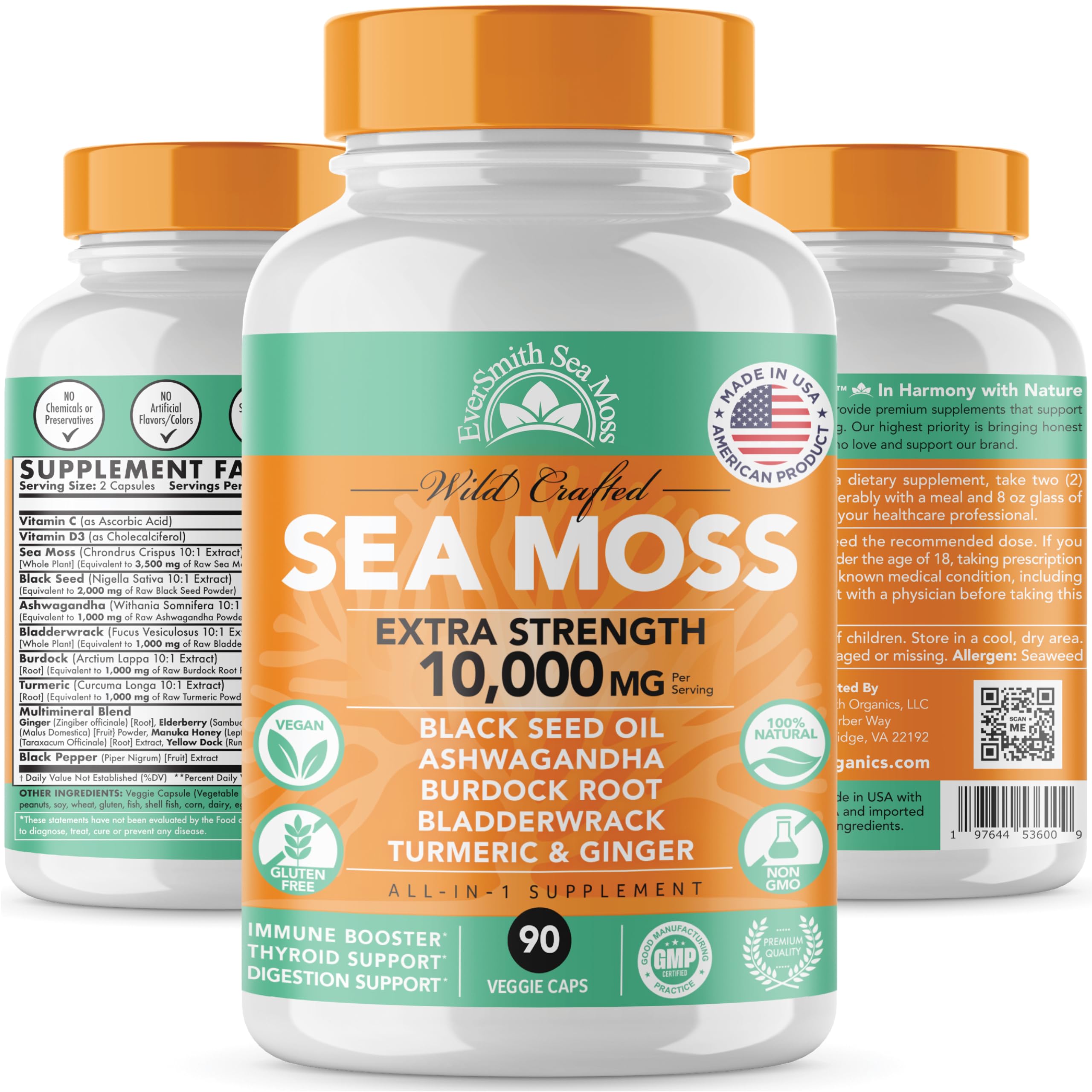 EverSmith Organics Sea Moss capsules close-up showing vegan-friendly capsules.