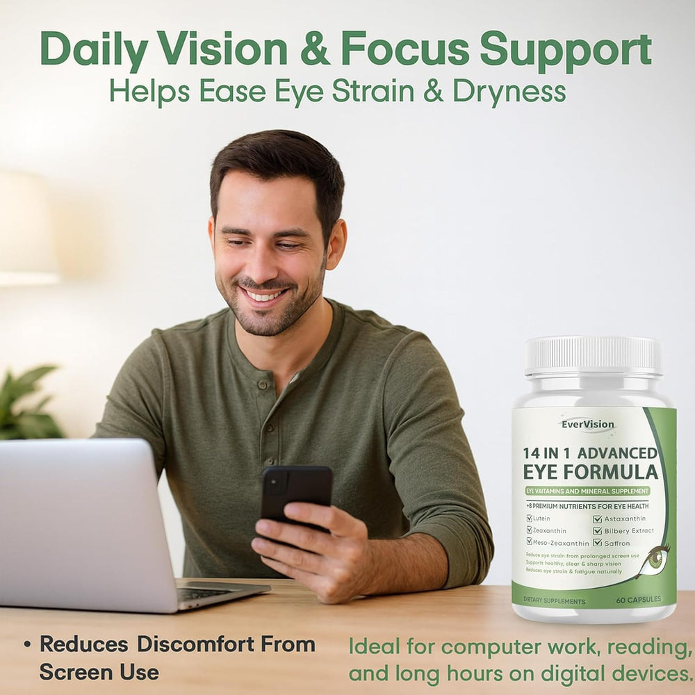 EverVision capsules close-up; lutein and zeaxanthin-rich support for focused screen time.
