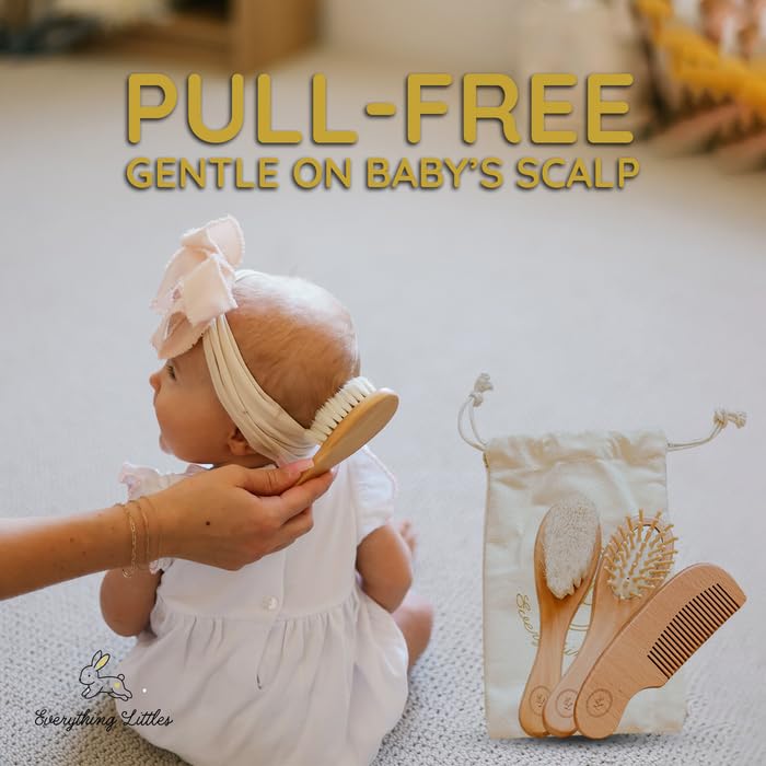 Everything Littles hair-detangling brush supports gentle styling on baby curls.