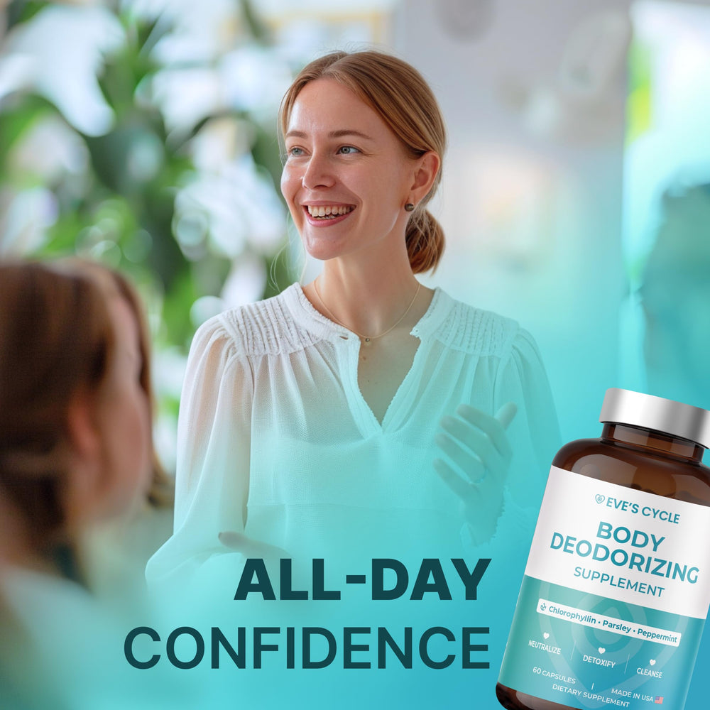 Eve's Cycle fresh-confidence capsules on a clean surface convey everyday wellness