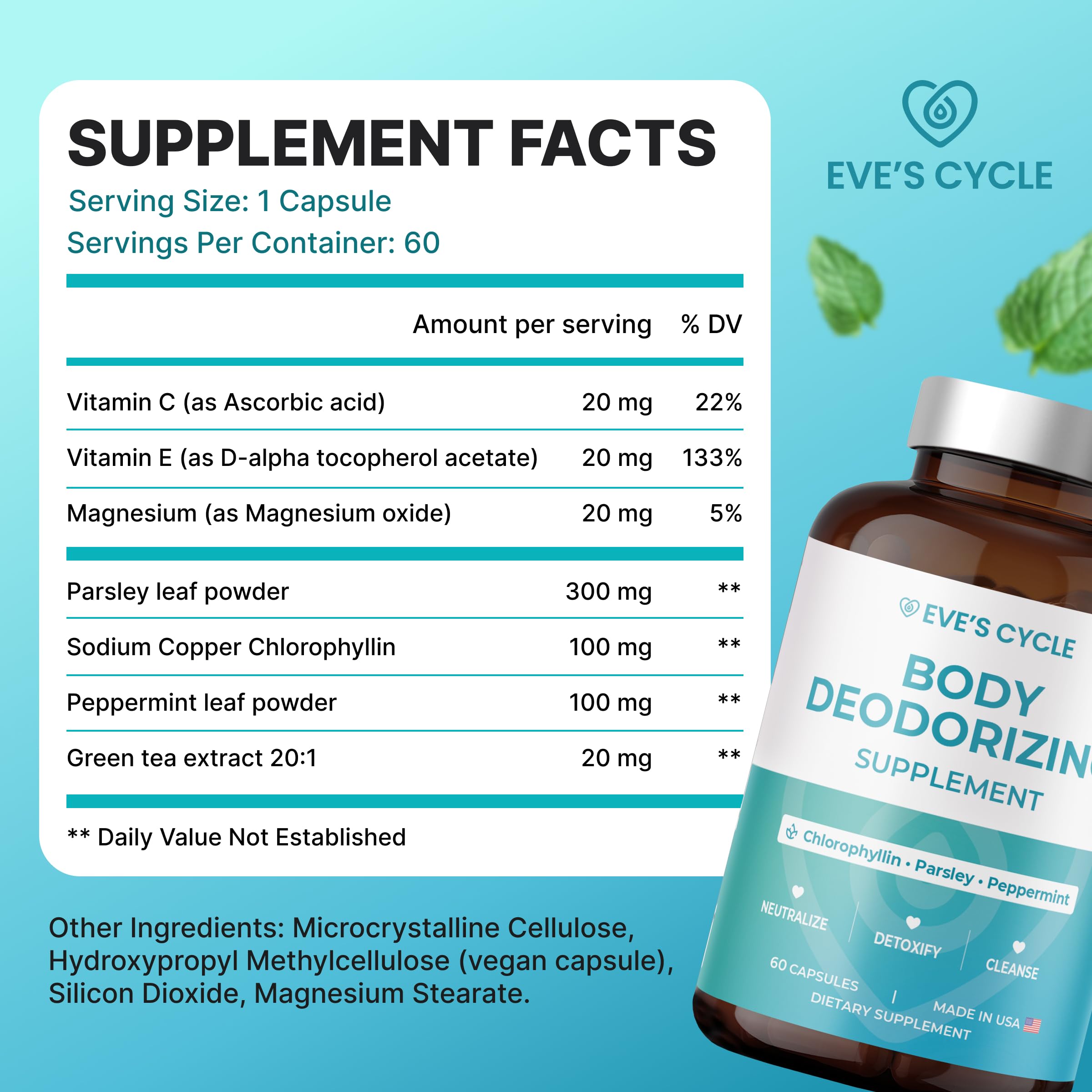 Eve's Cycle odor-control pills packaged as vegan, plant-based option