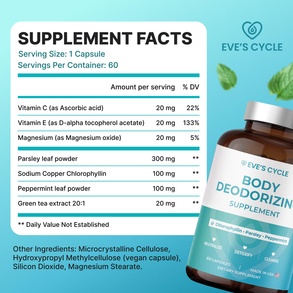 Eve's Cycle odor-control pills packaged as vegan, plant-based option