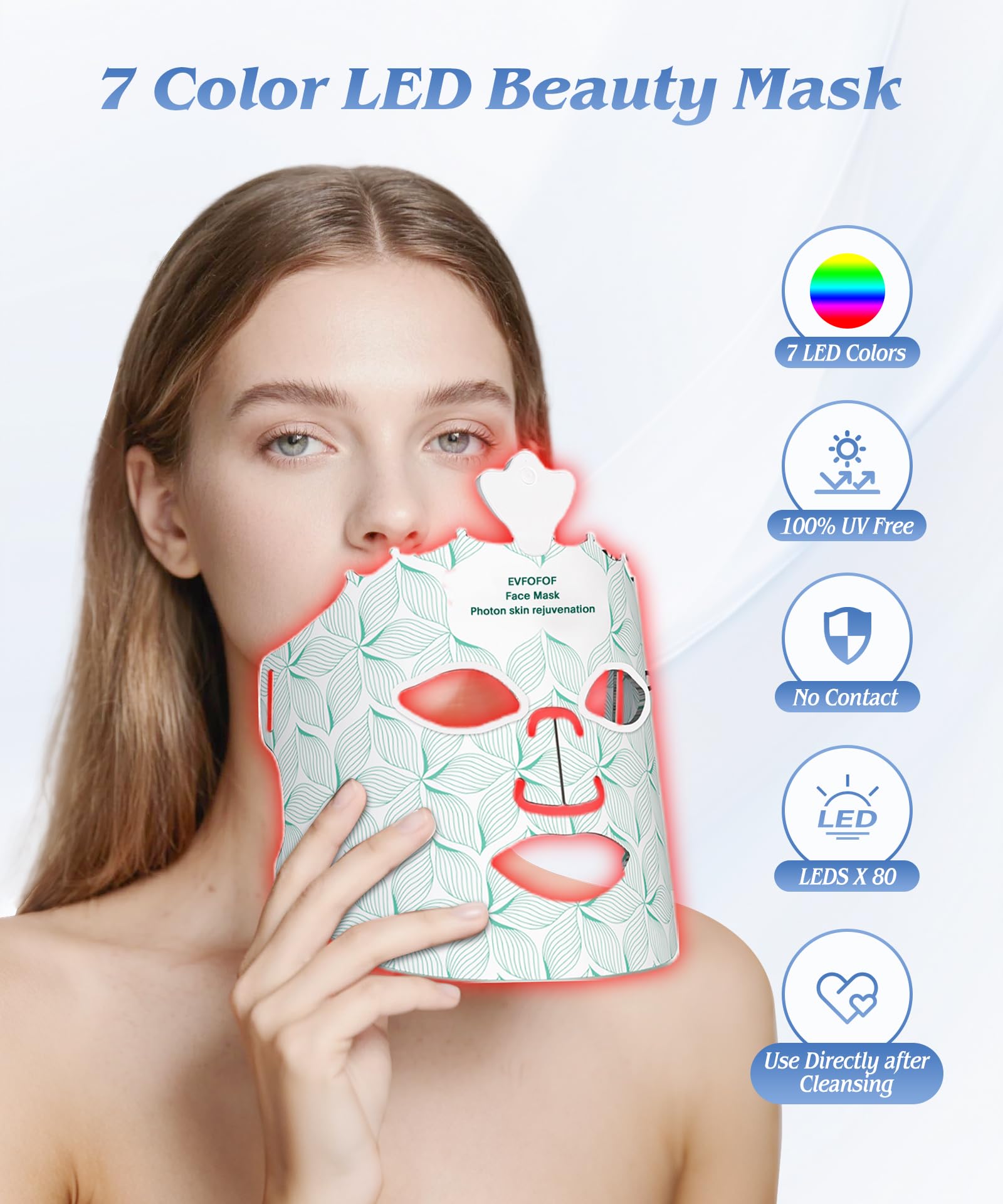 EVFOFO LED mask wearable-fit side view showing comfortable, cordless design.