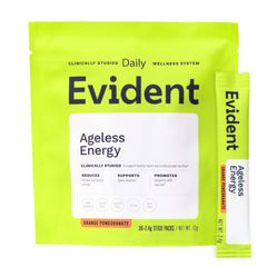 EVIDENT WELLNESS Ageless Energy orange-pomegranate stick pack for on-the-go vitality.