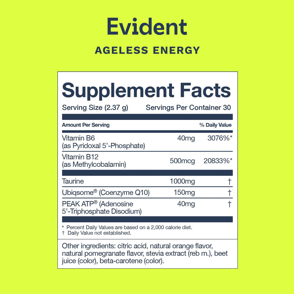 EVIDENT WELLNESS Ageless Energy travel-size packaging for busy days.