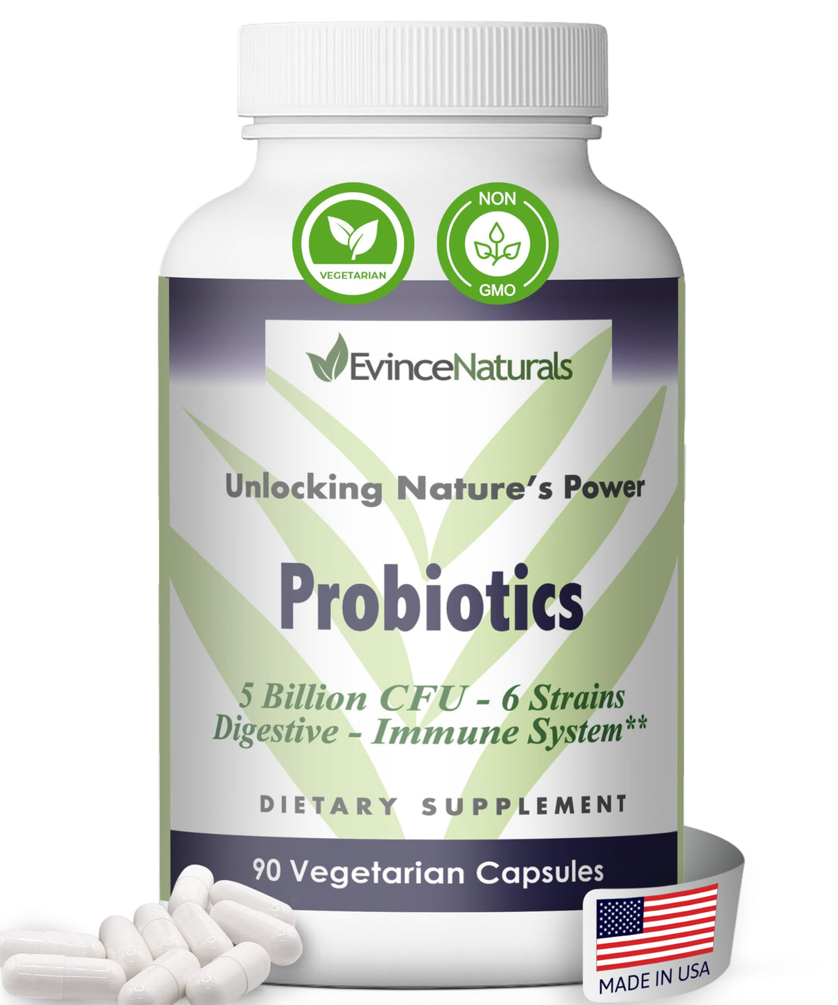 EvinceNaturals probiotic bottle front promotes daily gut balance and wellness.