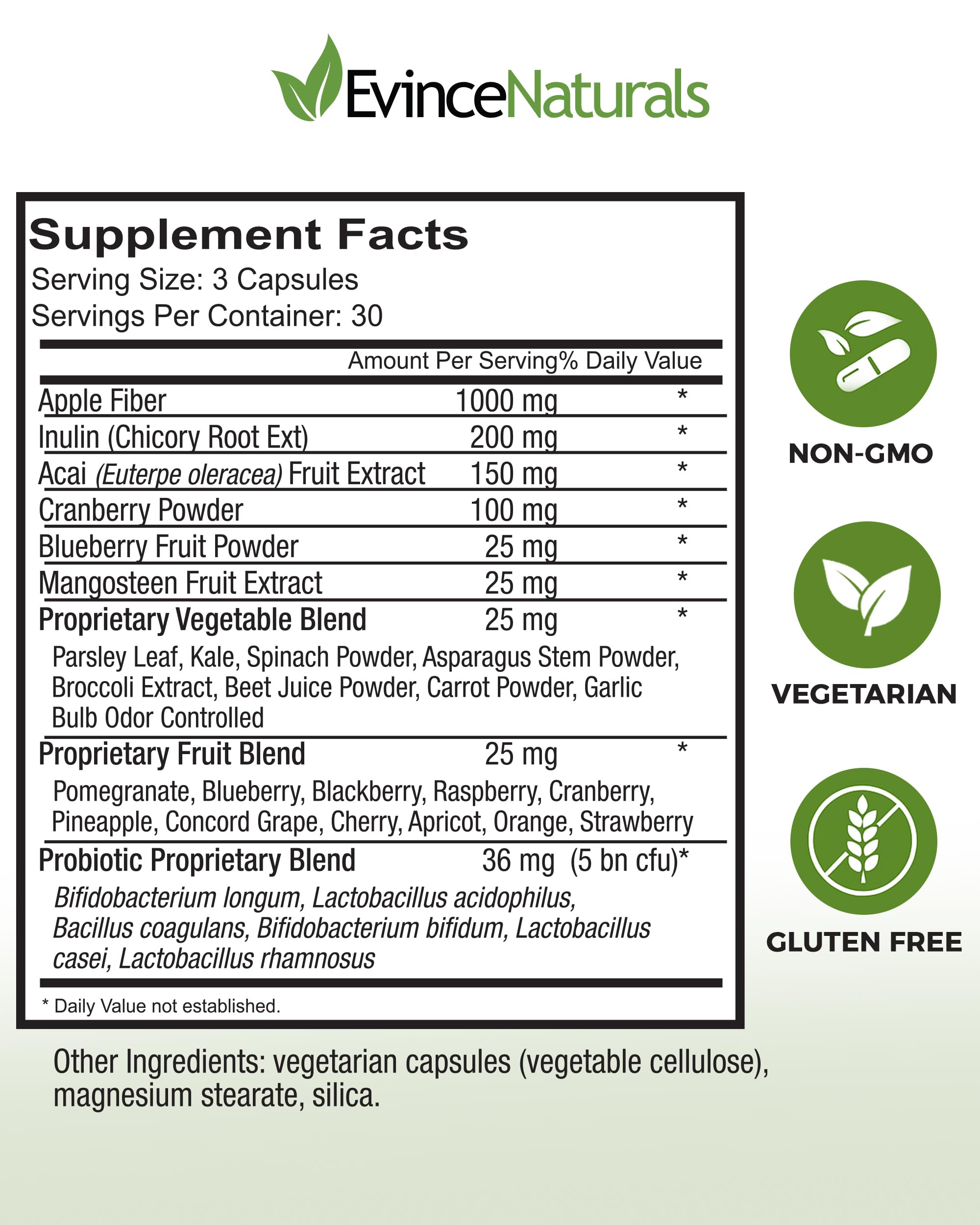 EvinceNaturals probiotic capsules close-up highlighting 5B CFU gut support.
