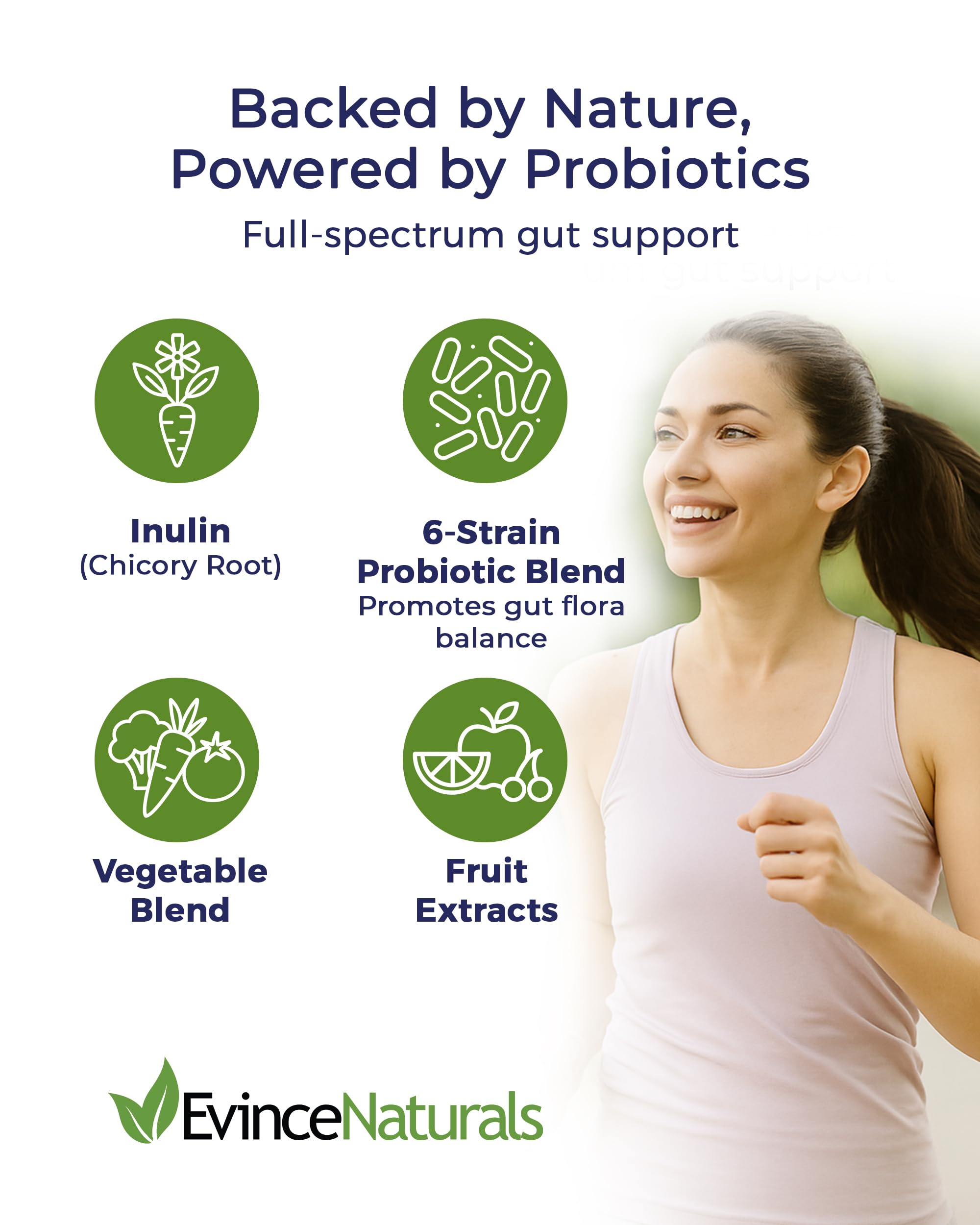 EvinceNaturals probiotic label detail conveys quality and trust in digestive care.