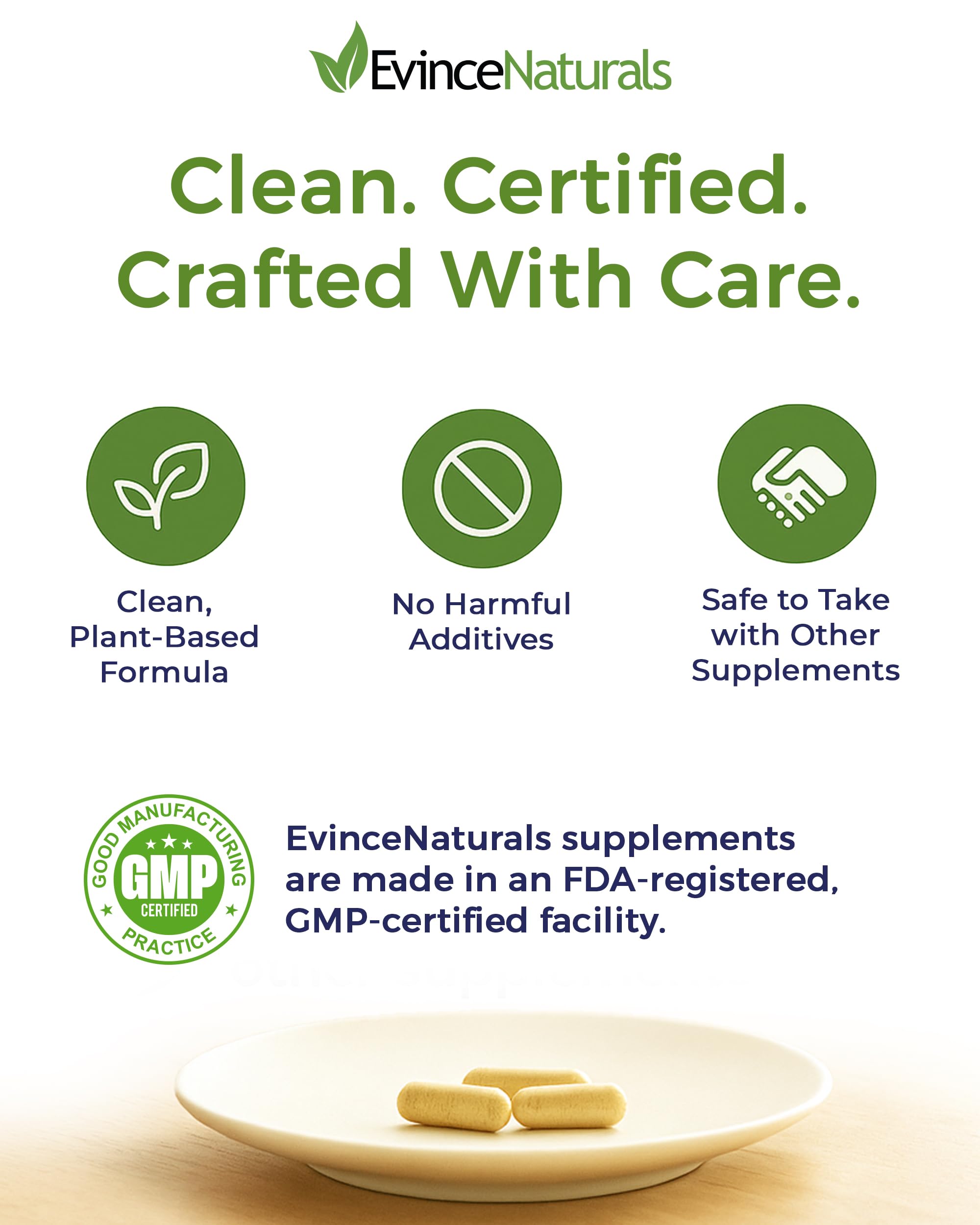 EvinceNaturals probiotic infographic illustrates prebiotic fiber supporting digestive balance.