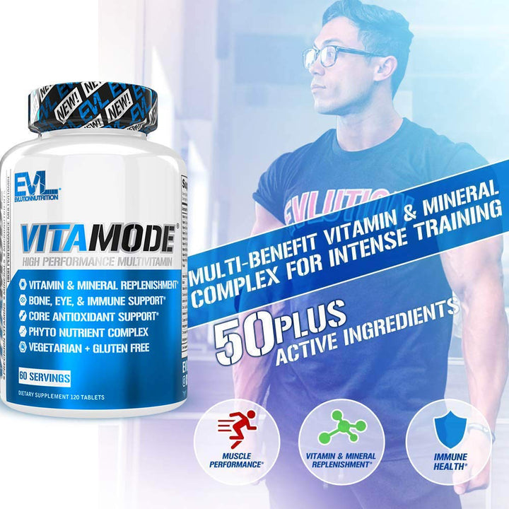 EVL advanced multivitamin label close-up emphasizing VitaMode active formula and ingredients