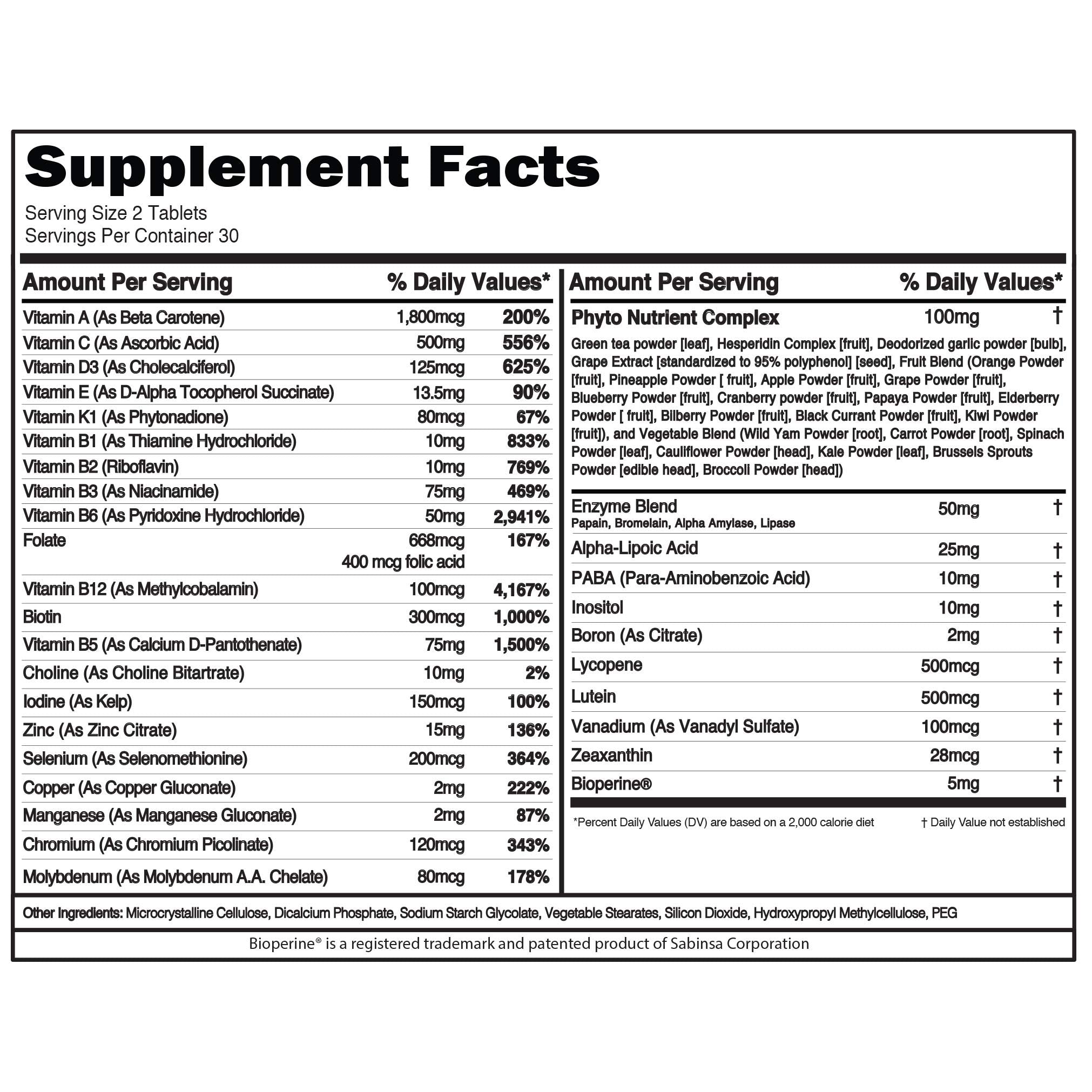 EVL Advanced Daily Multivitamin for Men ingredients panel highlights diverse nutrient blend for muscle and immune support.