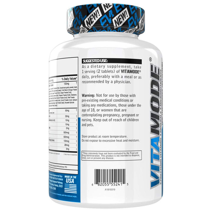 EVL advanced multivitamin packaging highlighting 50+ active ingredients and full spectrum complex