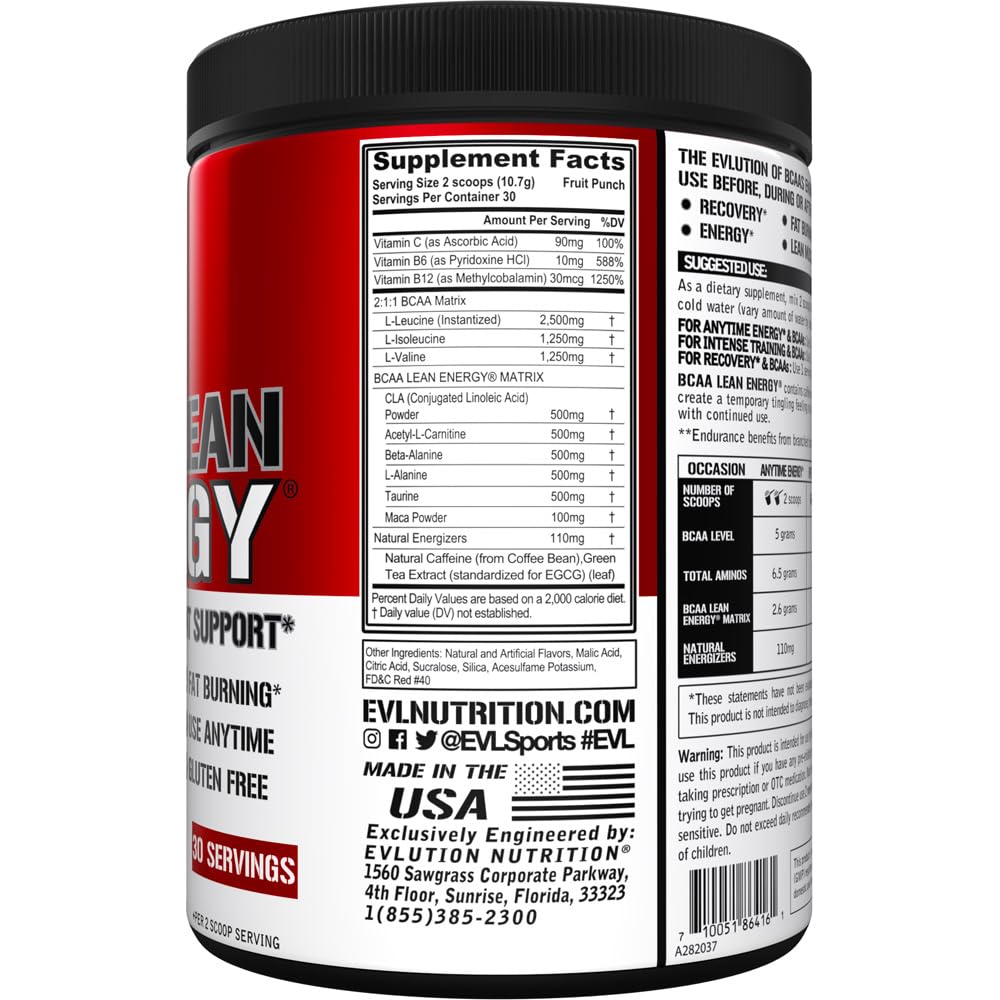Close-up of EVL BCAA Lean Energy label highlighting 5 g BCAAs for muscle support
