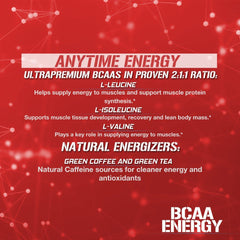 EVL BCAAs Energy ingredients highlight BCAAs with natural caffeine from green tea and taurine