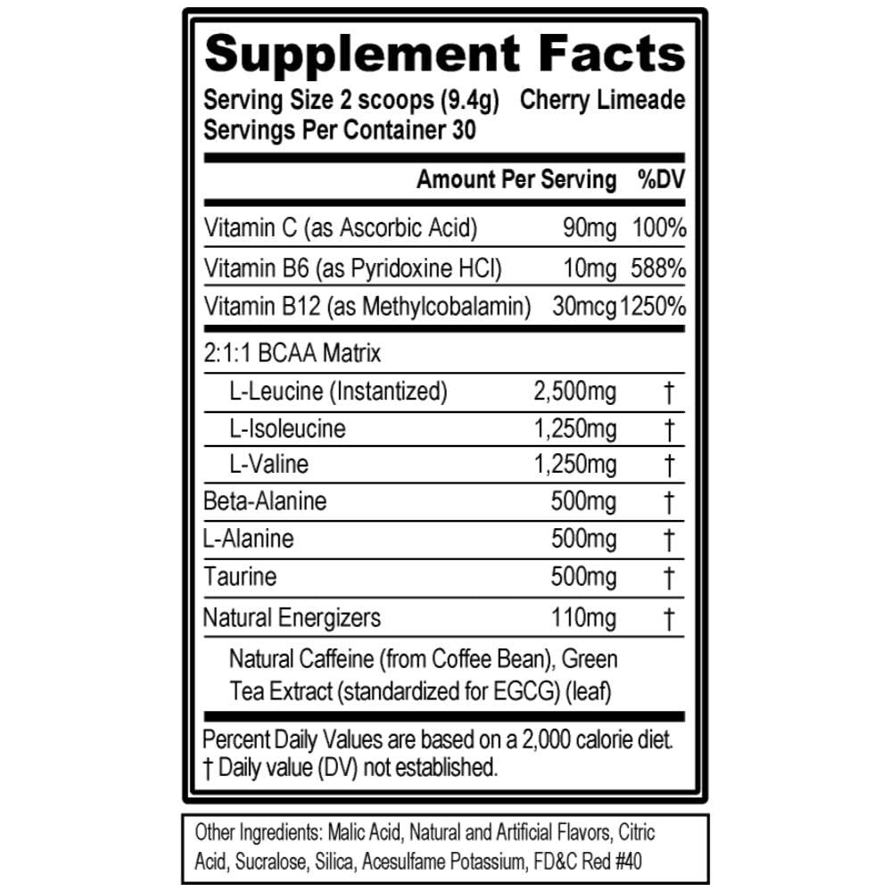 EVL BCAAs label showing 2:1:1 BCAA ratio and Beta Alanine.