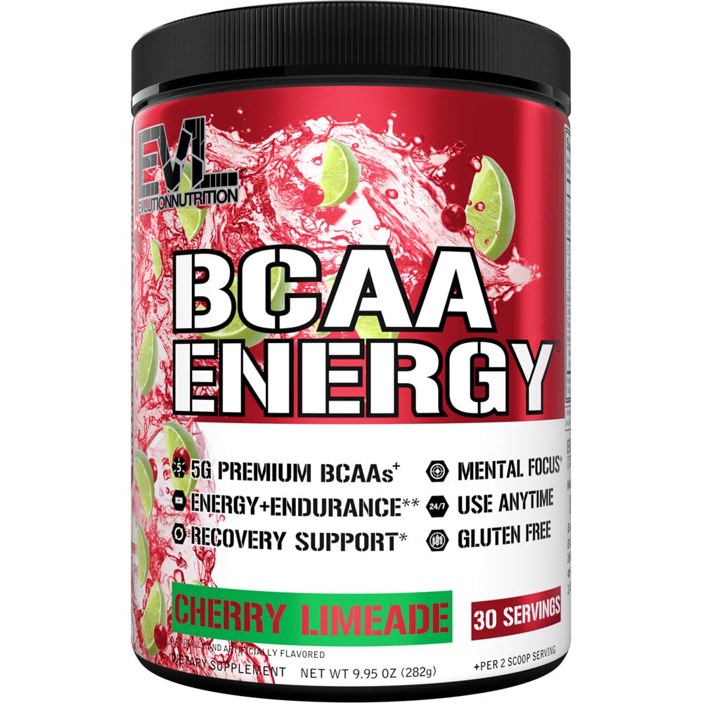 EVL BCAAs powder tub highlighting energy and recovery benefits.