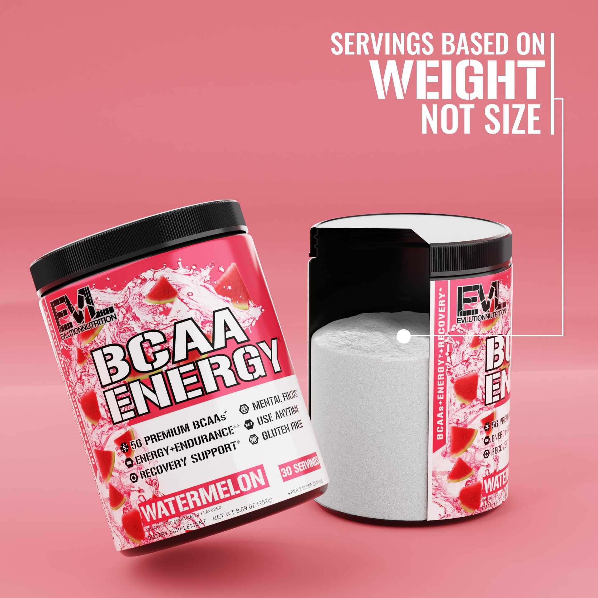 EVL BCAAs Watermelon ingredients label close shot emphasizing quality control.