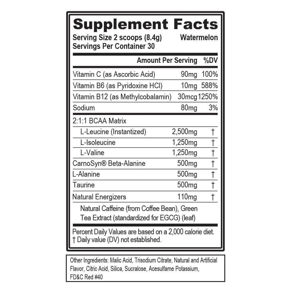 EVL BCAAs Watermelon powder measuring scoop demonstrating convenient pre- and post-workout use.