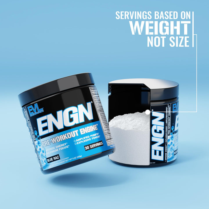 Blue Raz flavored EVL ENGN pre-workout mix dissolving in a glass.