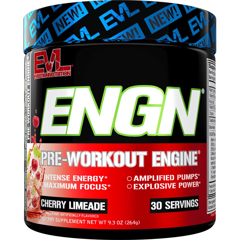 EVL ENGN intense preworkout can with Cherry Limeade for lasting energy during sessions
