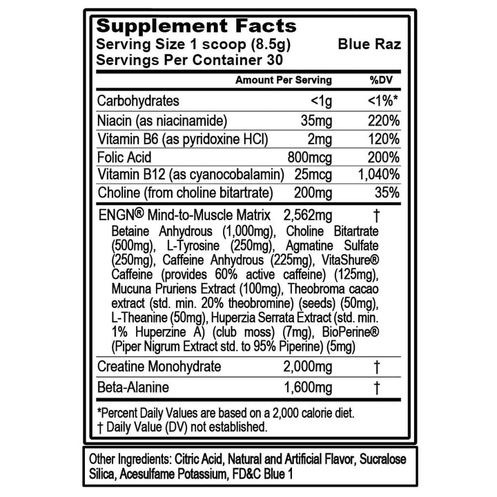 EVL ENGN blue raz powder with a scoop for quick, sustained energy.