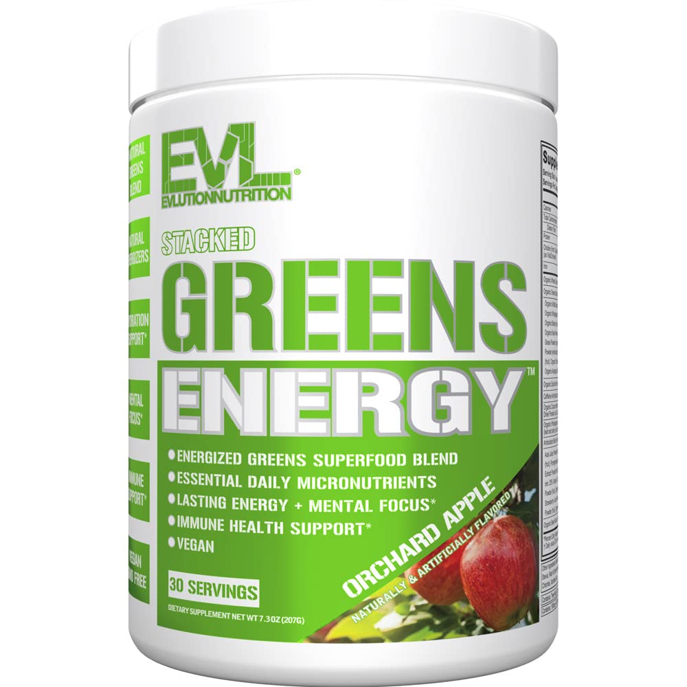 EVL Super Greens powder bottle angled, showcasing a convenient daily energy boost.
