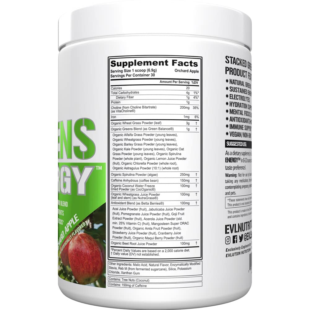 EVL Super Greens powder canister closeup highlights clean vegan formula for everyday wellness.