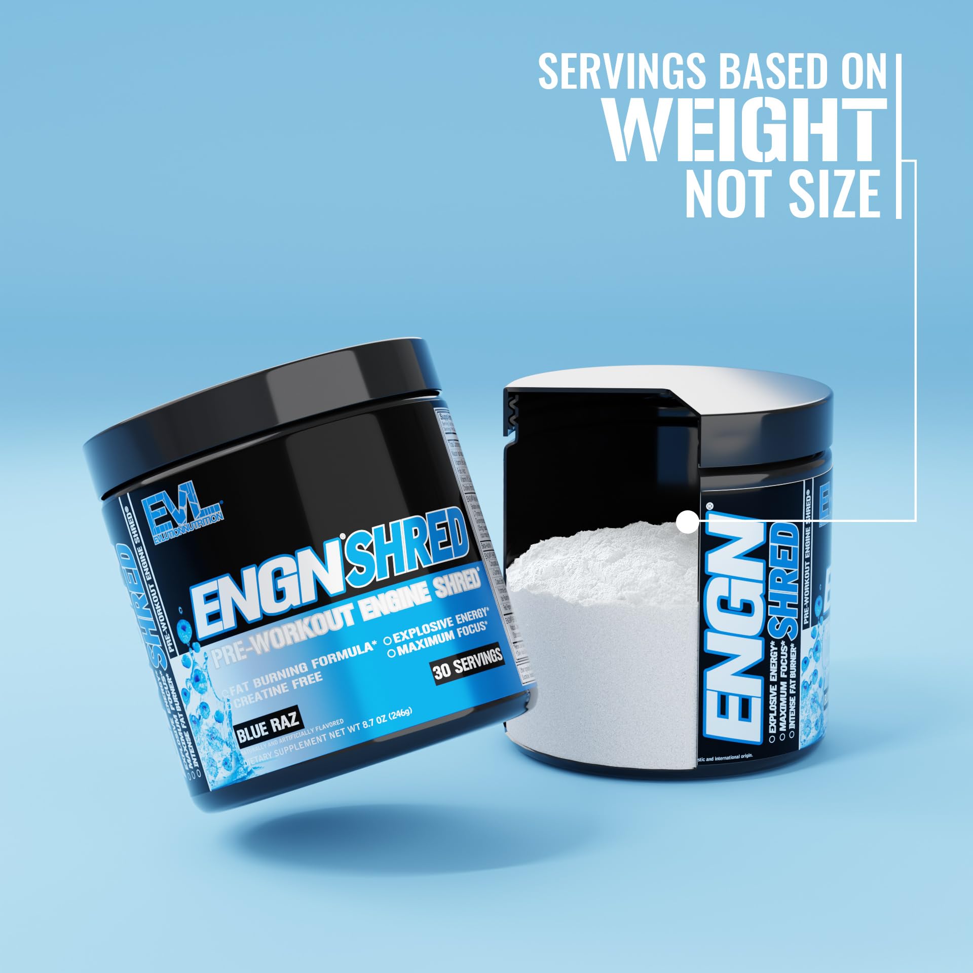 Closeup of EVL Blue Raz label highlighting clean ingredients for better performance