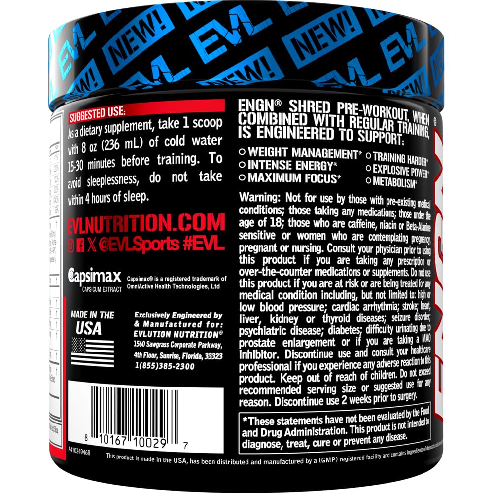 EVL ENGN Shred label closeup emphasizes ingredients and caffeine energy.