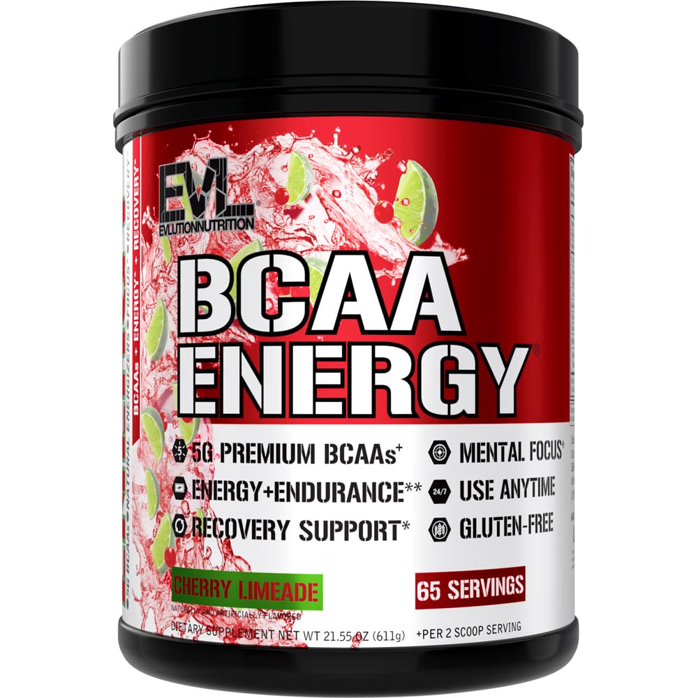 EVL BCAA Energy powder bottle showcasing cherry limeade flavor for pre-workout energizing bursts.