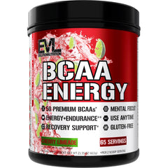 EVL BCAA Energy powder bottle showcasing cherry limeade flavor for pre-workout energizing bursts.
