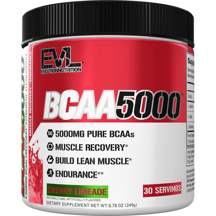 EVL BCAAs powder tub close-up showing a 5 g serving for recovery support