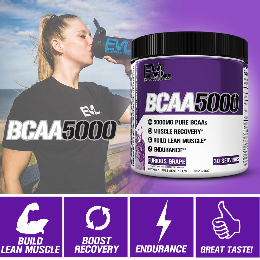 Close-up label shows 5g BCAAs per serving for fitness support.