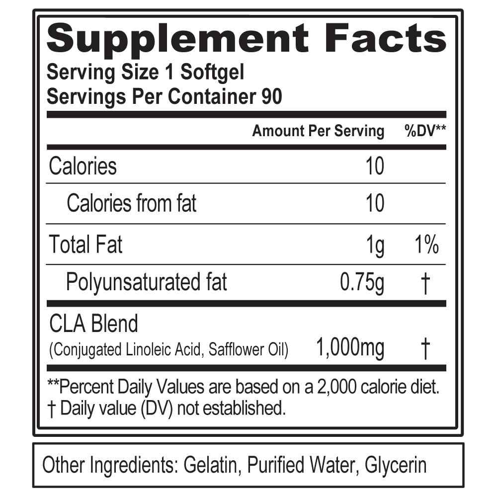 EVLUTION CLA pills label closeup highlighting safflower-based CLA content
