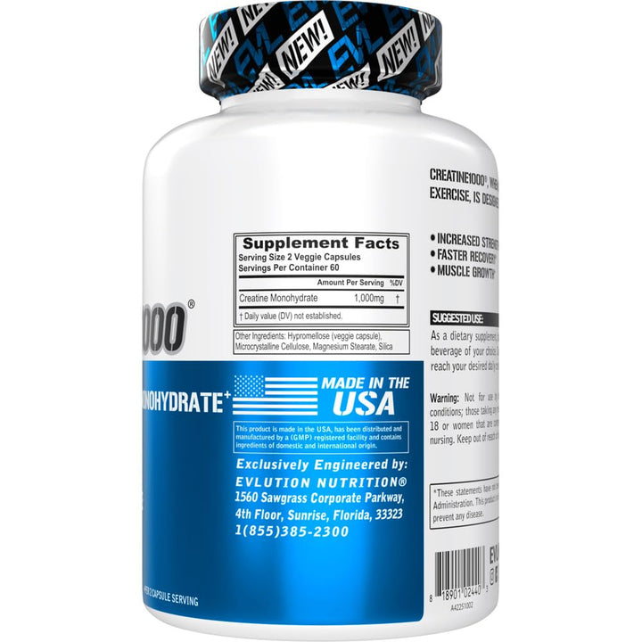 Evlution creatine capsules preworkout dosing image for endurance use.