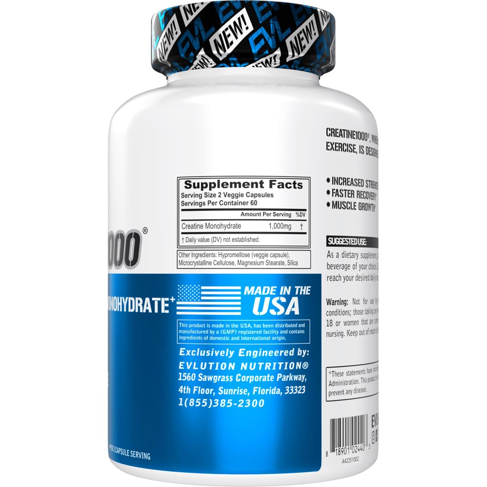 Evlution creatine capsules preworkout dosing image for endurance use.