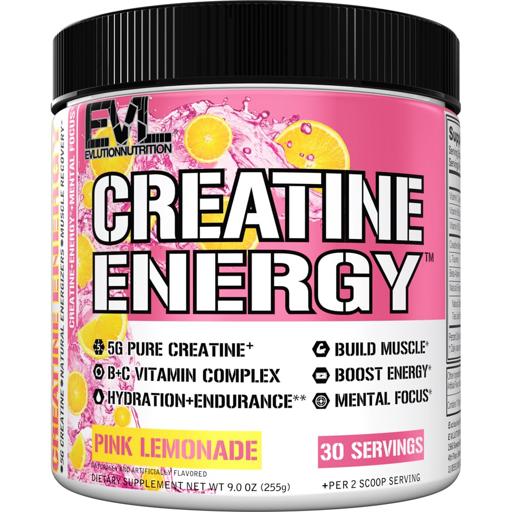 Evlution Creatine Energy bottle pour, pink lemonade flavor, for workout energy.