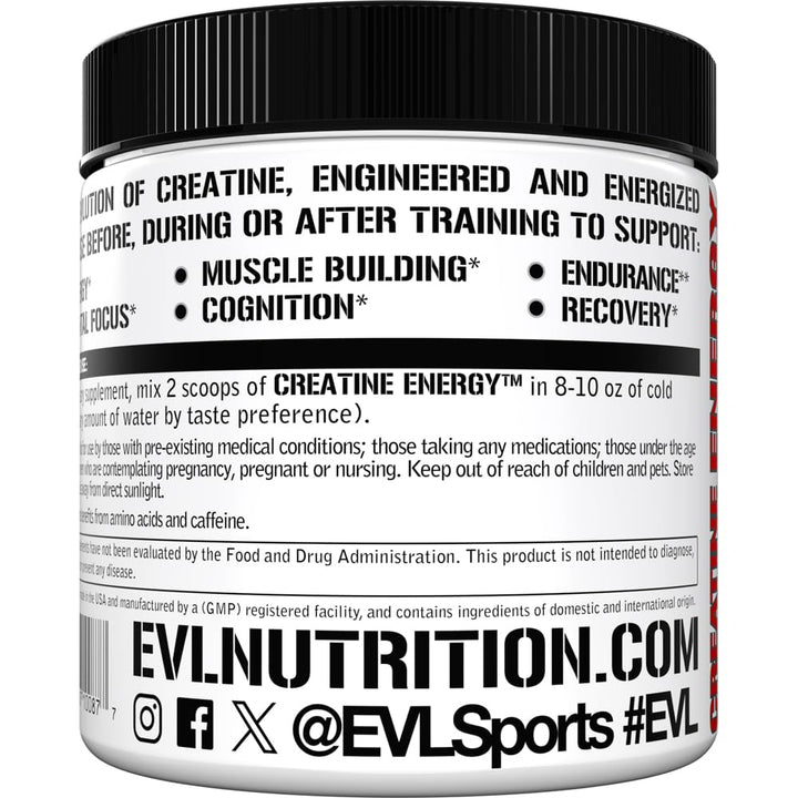 Evlution Creatine Energy ingredient list highlights B+C vitamins and caffeine blend.
