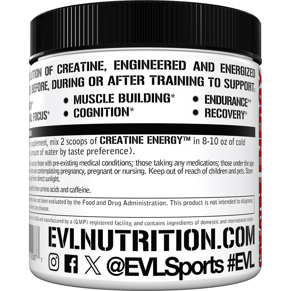 Evlution Creatine Energy ingredient list highlights B+C vitamins and caffeine blend.