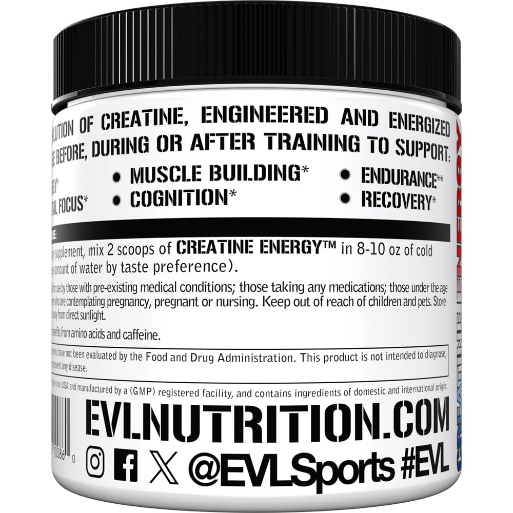 EVLUTION Creatine Energy ingredients label close-up highlighting caffeine and vitamins