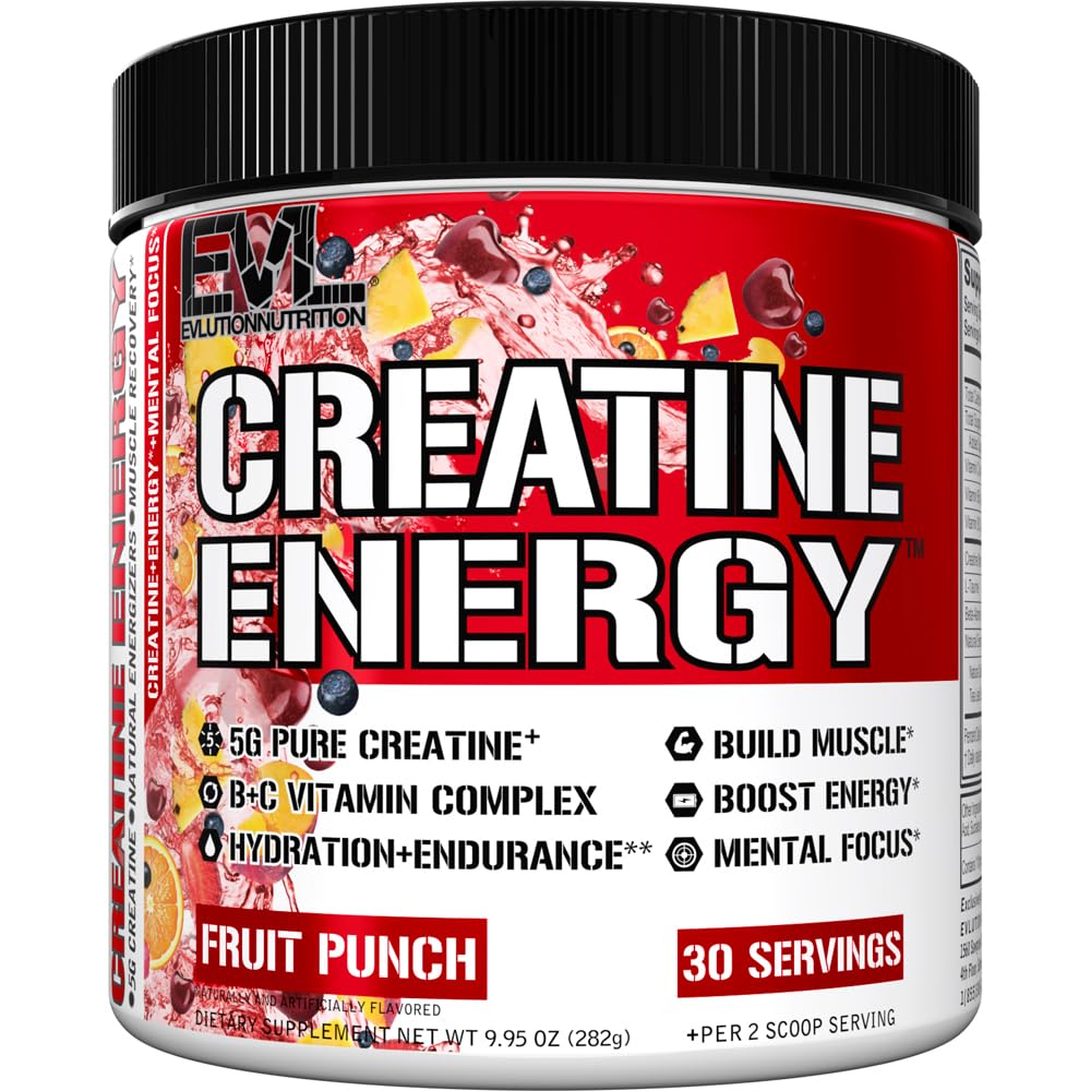 Evlution Creatine Energy jar label shows premium formula for performance support.