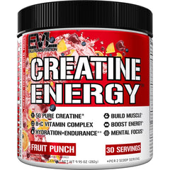 Evlution Creatine Energy jar label shows premium formula for performance support.