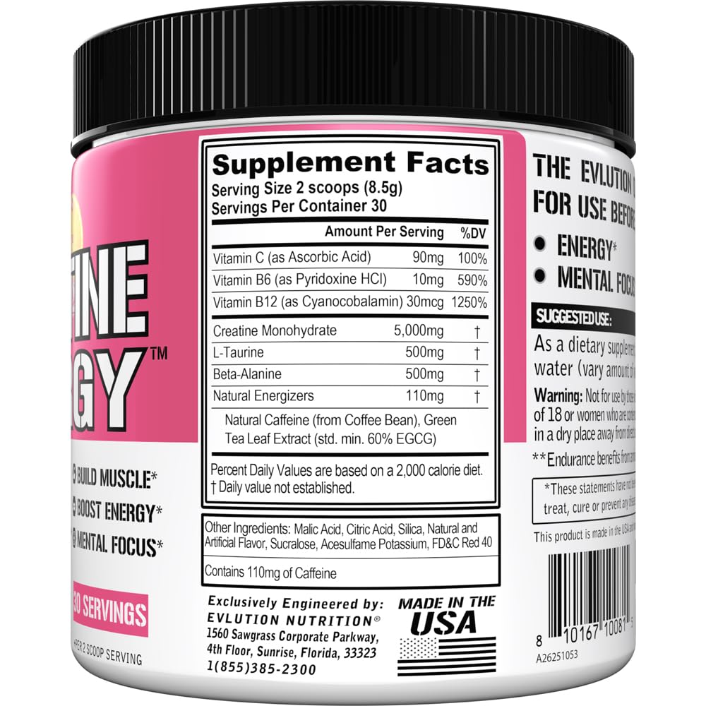 Evlution Creatine Energy label closeup showing 5g creatine per serving.