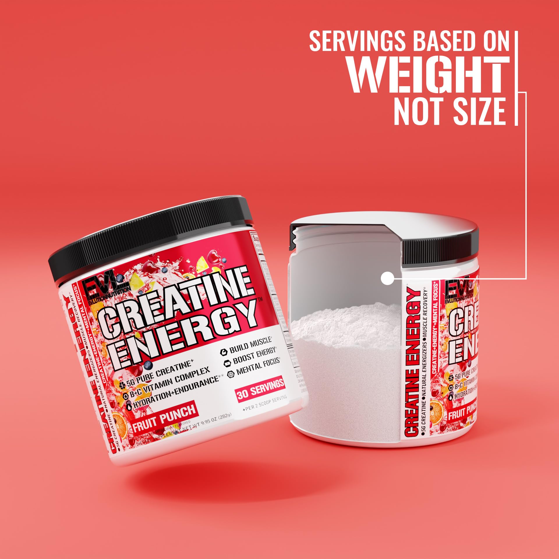 Evlution Creatine Energy mixer glass shows shake-ready formula for workouts.