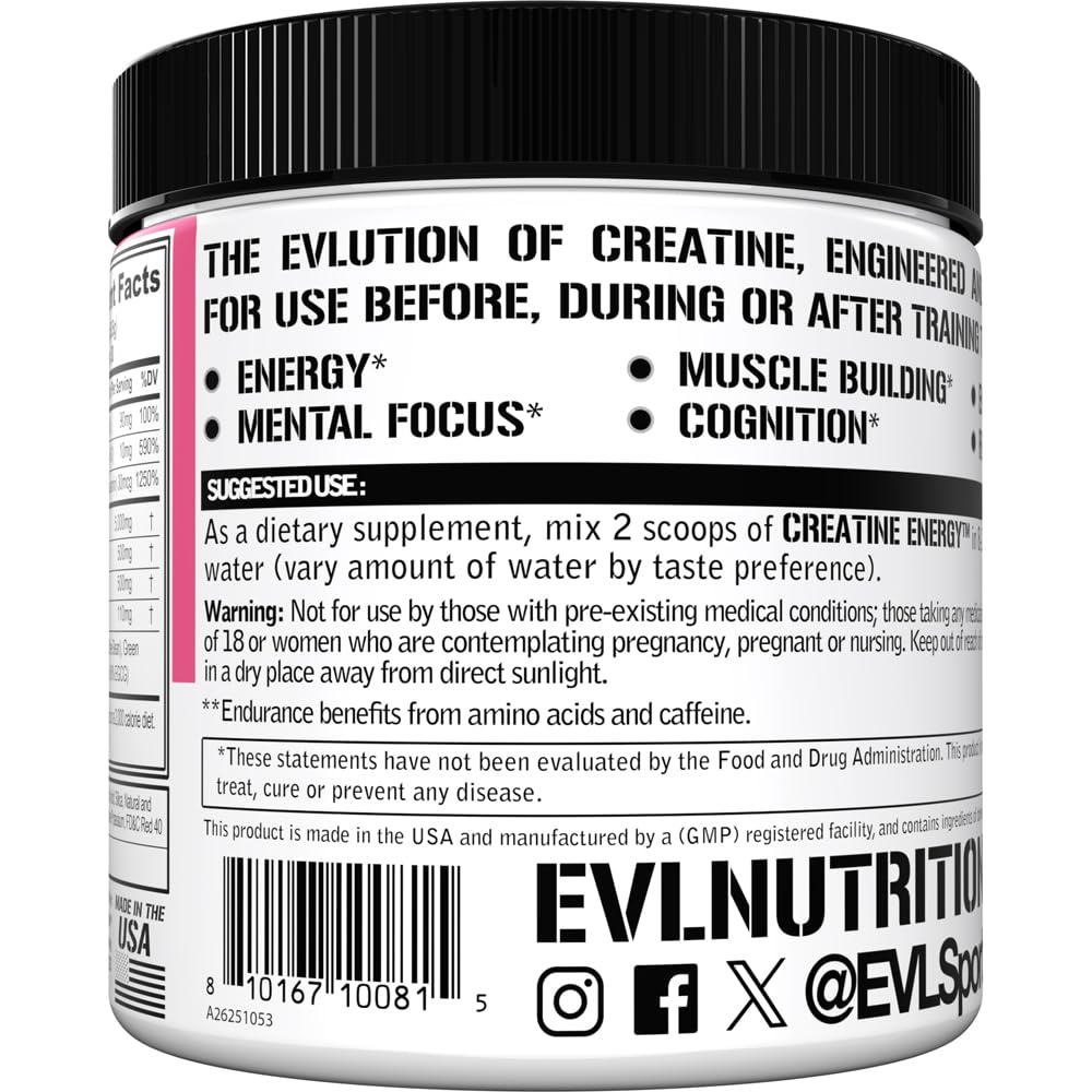 Evlution Creatine Energy pink lemonade color in glass for sustained energy.