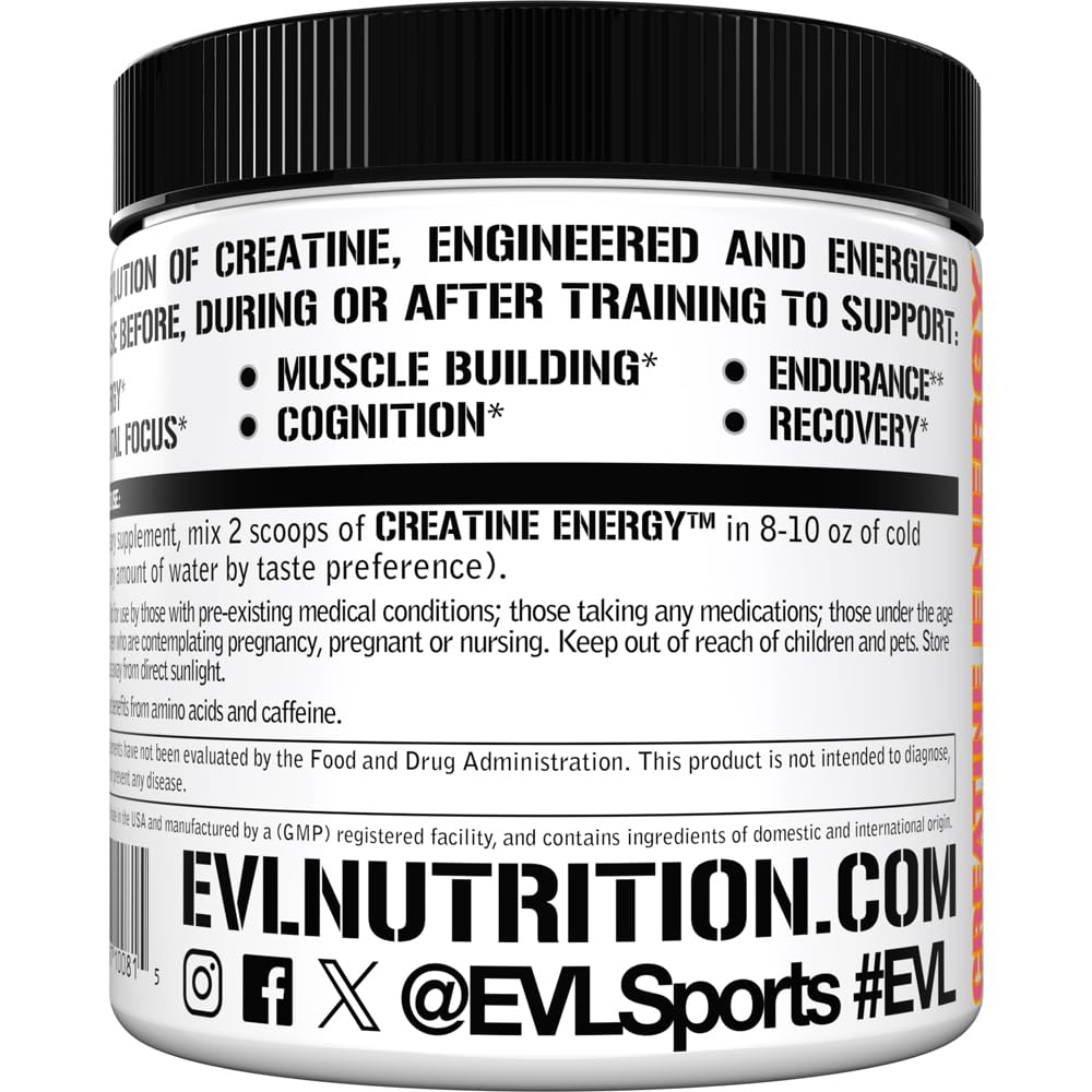 Evlution Creatine Energy preworkout use supports focus and endurance.