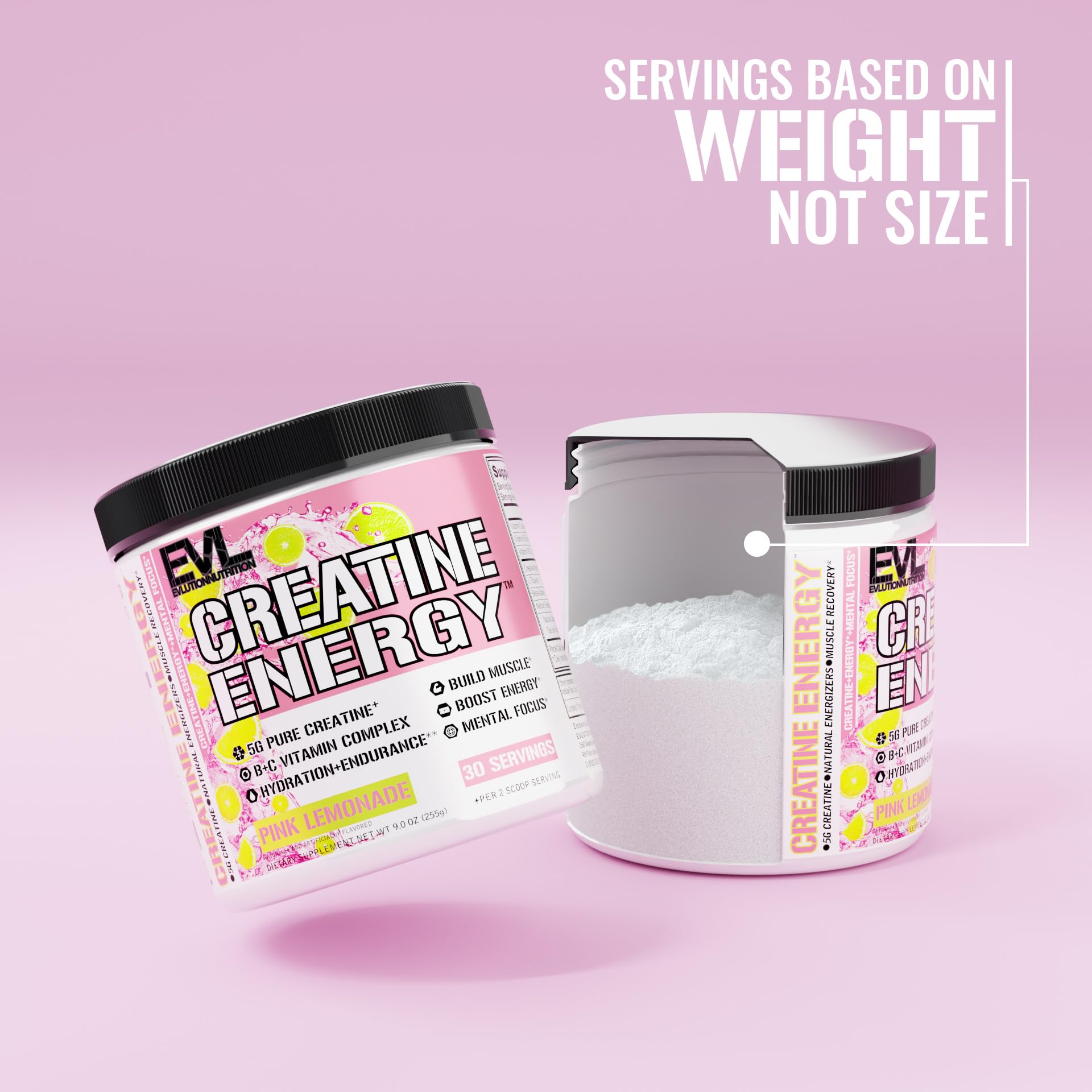 Evlution Creatine Energy scoop dispense ready to mix for training sessions.